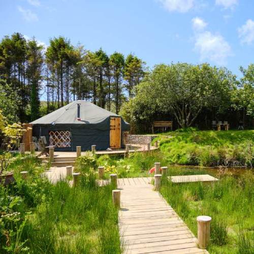 Yurt glamping hut with a stove on the end of a jetty overlooking a lake. There is a sunny sky in the countryside with reeds in the foreground at a peaceful yoga retreat in Cornwall.